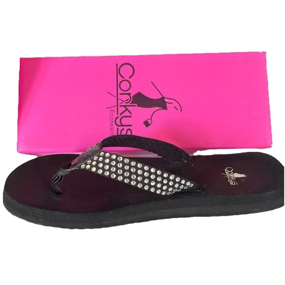 Corkys Madeline Flip Flop Clear Rhinestones On Black Fabric Straps Size 8 W/box - Picture 2 of 7